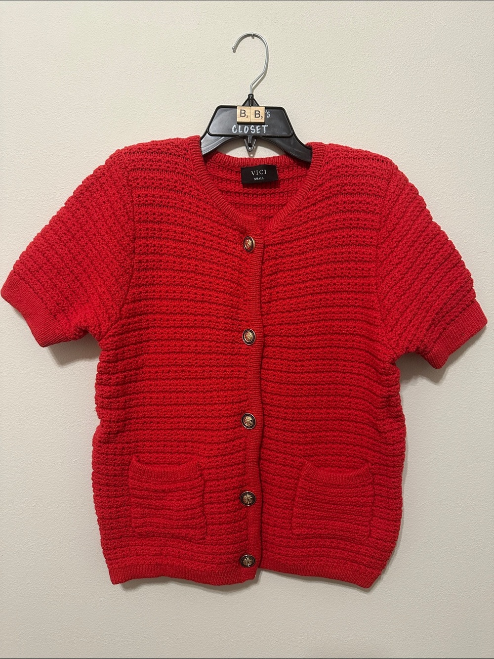 red short sleeve knit cardigan - small